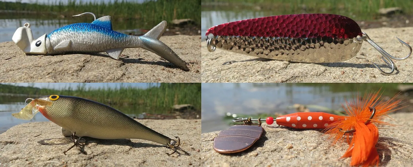 Four lure types side by side: a soft-plastic jig, a spoon, a hard plug and a spinner